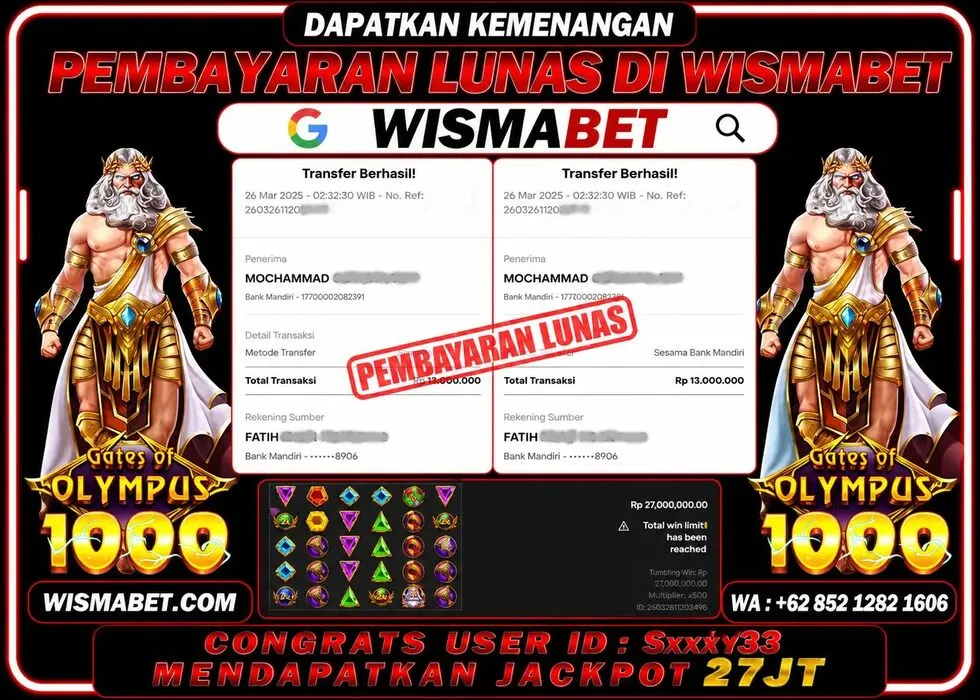 Wismabet - BUKTI KEMENANGAN JACKPOT Gates of Olympus 1000 Rp27,000,000,- LUNAS